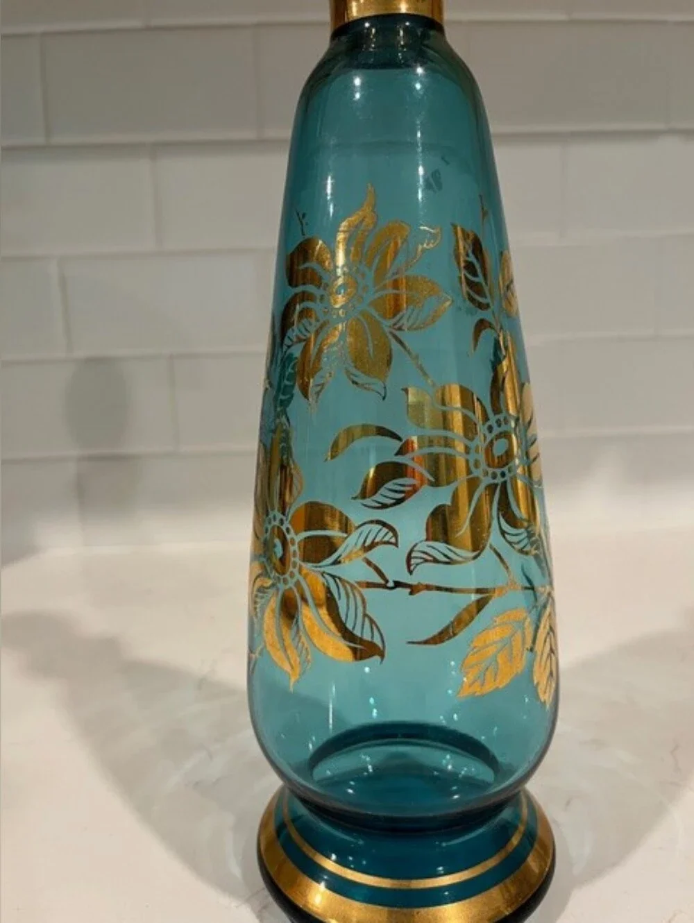 Vintage MCM Bohemian‎ Blue & Gold Gilded Liquor Decanter Set With 6 Glasses